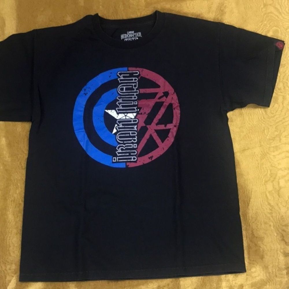 VTG,Redchapter  Marvel Captain America Iron Black Tee with Blue and Pink Graphic